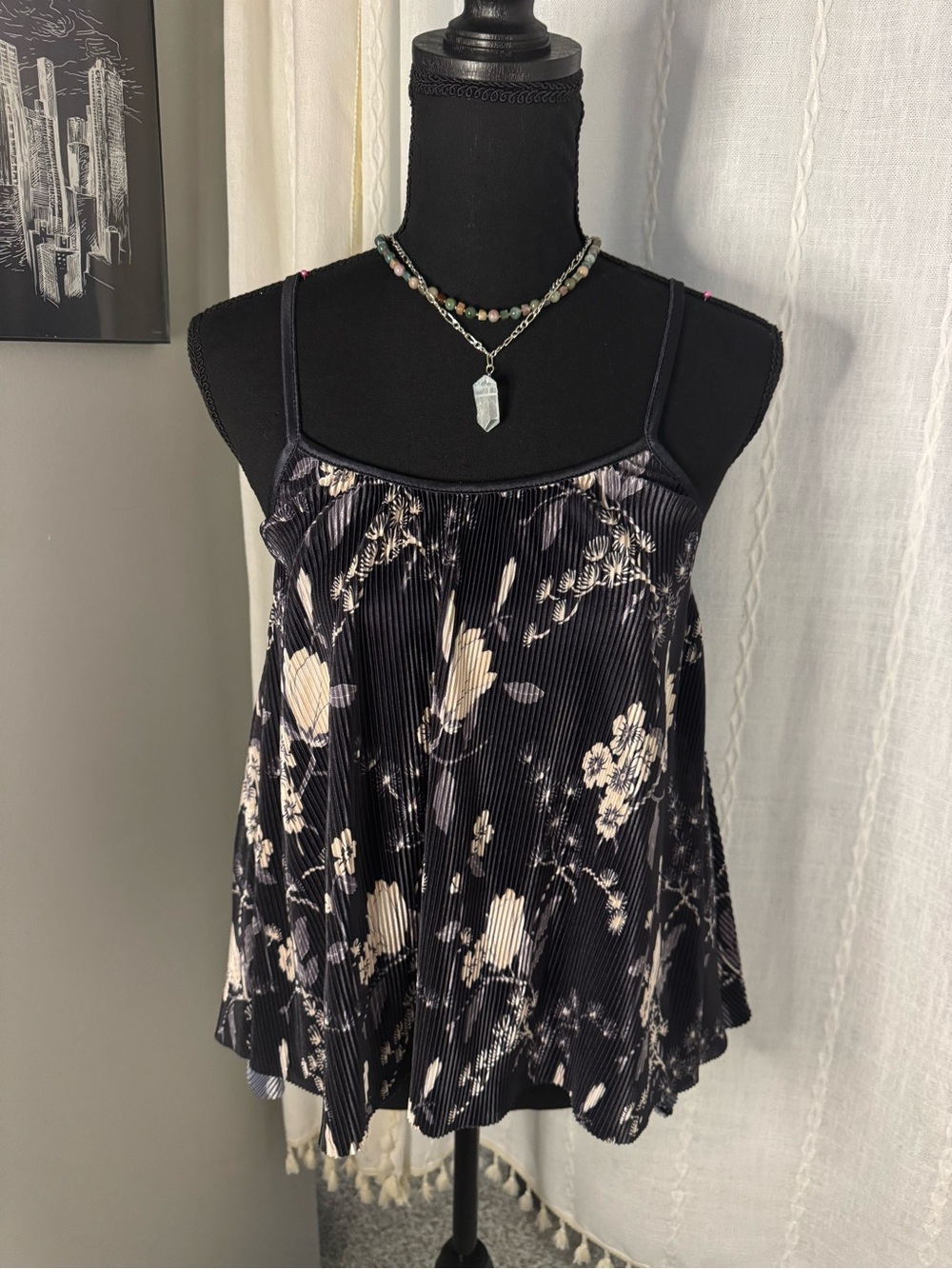 Black Floral Pleated Spaghetti-Strap Tank
